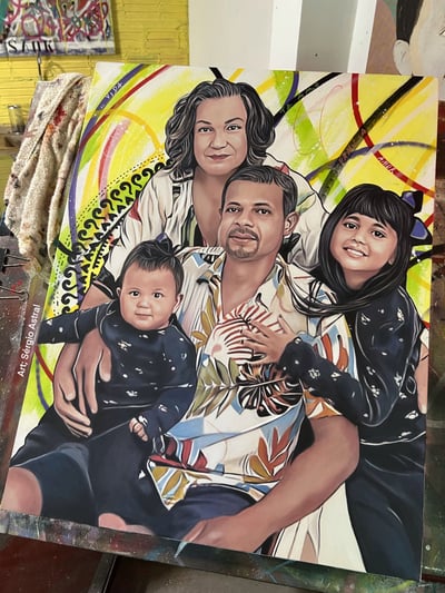 Rosto de familia em pop-art, transmitindo emoções intensas através de formas e cores