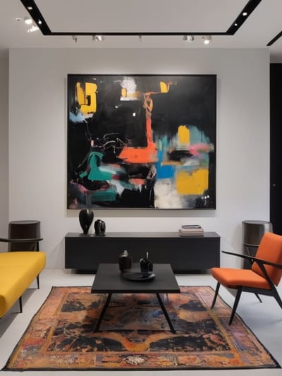 Sala elegante com mesa preta e cadeiras em tons coloridos