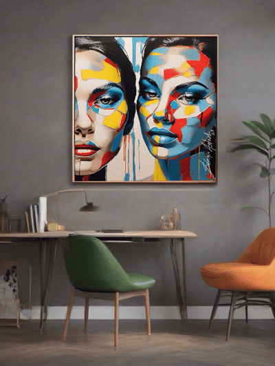 Quadro na parede da sala com design pop-art, criando um ponto focal visualmente cativante
