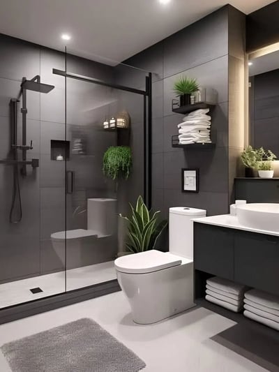 Elegant modern bathroom with dark tones, glass shower, and minimalist decor.