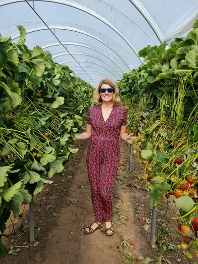 a woman in a navy blue jumpsuit with red strawberries and sunglasses standing by strawberry plants