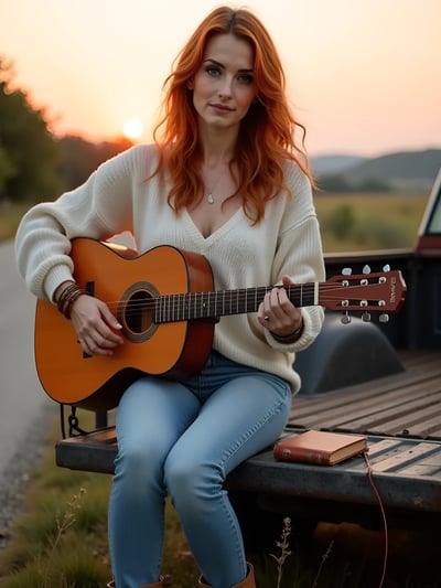 Red-haired woman with guitar on truck tailgate at sunset, journaling beside wildflowers.