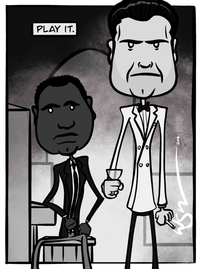 Black-and-white cartoon scene from Casablanca. Rick stands with a drink while Sam sits at the piano