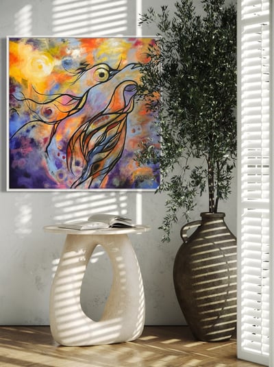 An abstract fluid painting of birds in flight by verawalton.com