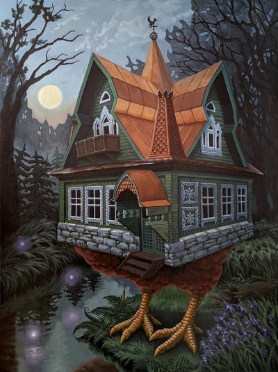 Baba Yaga's chicken hut, green with a copper roof and ornate trim, stands on a river bank at night.