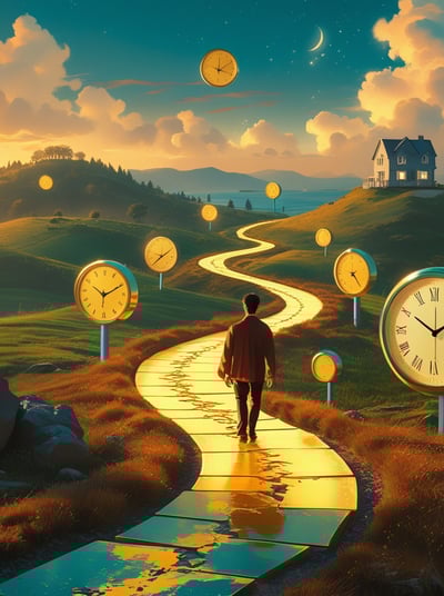 A person walking down a glowing golden path surrounded by floating clocks, symbolizing the importanc