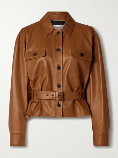 Luxury brown leather belted jacket with button pockets – timeless designer outerwear.