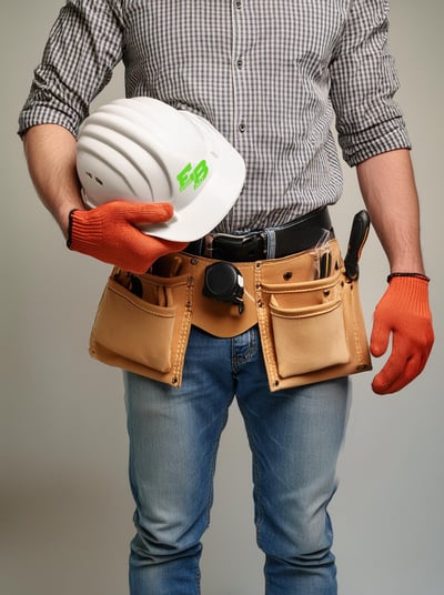 Ein Mann hält einen Schutzhelm und Werkzeuge an seiner Taille