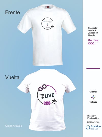 Diseño e impresión de camisetas para lanzamiento de proyecto Go Live CCO alianza Volaris/Jeppesen