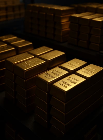 Pure African gold bars stacked in rows