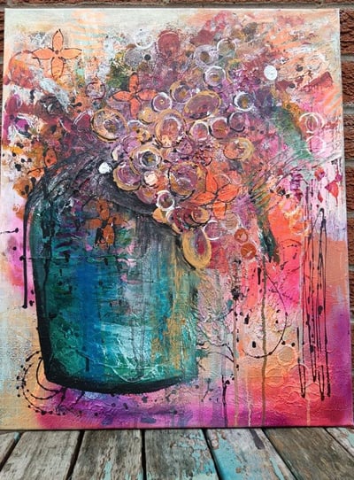a painting of a vase with flowers abstract and loose