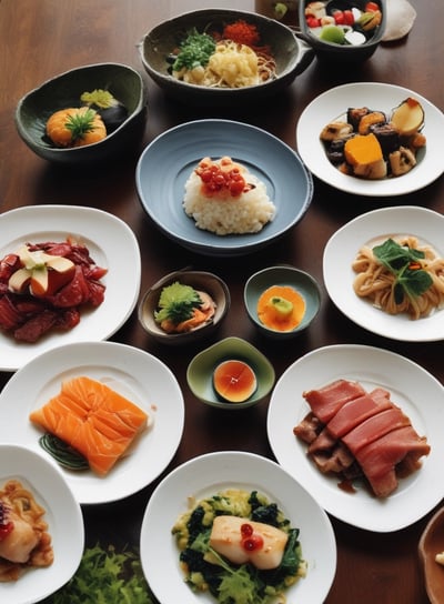 A warmly lit dining setting with various Japanese dishes arranged on wooden trays. In the foreground, a brown wooden bowl is prominently placed, surrounded by small bowls containing different types of food such as salad, rice, and fried items. In the background, people are engaged in conversation.