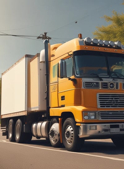 a truck with a white boxy cabdy driving down a street