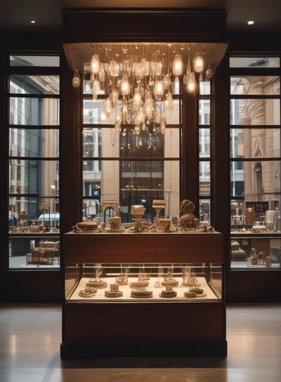 A display of luxury handbags arranged neatly on shelves inside a well-lit retail store. The bags vary in color from pink and orange to white and brown. Some mannequins wear accessories like sunglasses and scarves alongside the handbags.