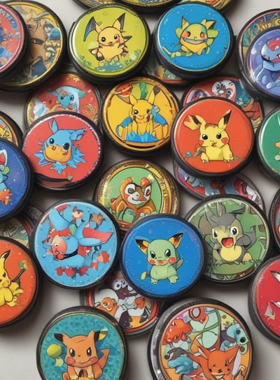 A collection of Pokémon trading cards is arranged in a circular pattern on a white surface. The cards feature various Pokémon characters, each with different illustrations and designs. Some cards have a metallic or holographic finish, adding a reflective quality to the images.