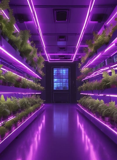 A futuristic indoor farm with rows of lush green plants growing under bright purple LED lights. The plants are arranged on shelves along a corridor, reflecting vibrant purple hues on the glossy floor.