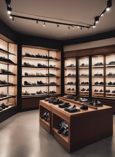 A well-lit clothing store interior featuring neatly arranged racks of clothing. There are various sections with diverse apparel including shirts, jackets, and pants in multiple colors. The center displays handbags and a table with folded clothes. The store has a modern design with wooden flooring and spotlights on the ceiling.