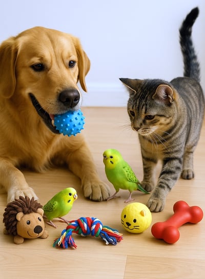 a cat and a dog are playing with toys