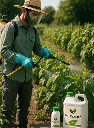 a man in a hat and a hat is spraying a plant