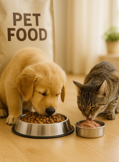 a cat and a dog are eating food