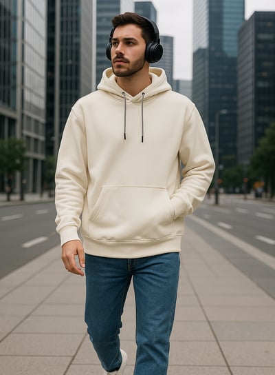 Un hombre con una sudadera blanca con capucha y auriculares