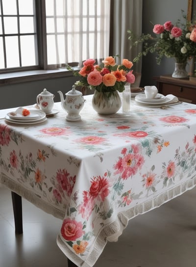 An elegantly set dining table with ornate golden decorative plates, glassware, and silverware arranged on an intricate white lace tablecloth. A luxurious floral centerpiece composed of cream roses and festive gold foliage is positioned in the center. The table is further adorned with golden spherical ornaments placed on tall silver candlesticks, adding a touch of opulence.