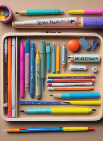 Various stationery items are laid out on a surface, including polka dot wrapping paper, a piece of white lace, a pink envelope, a sheet with floral design, and a yellow ribbon. There are also notepads, one with writing, and a card with a drawn bunny.