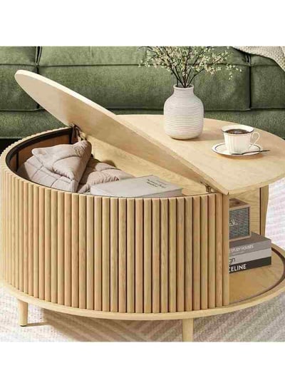 Round Coffee Table with Storage,Mid Century Modern Dining Table with Sliding Cabinet Door for Living