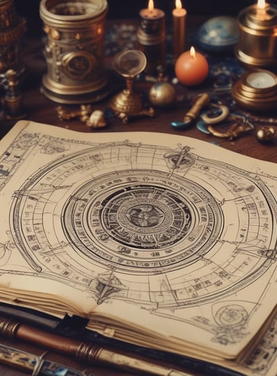 An open book with a vintage celestial and zodiac theme rests on a soft, textured fabric background. Next to the book is a deck with the label 'Astrology' featuring an image of the night sky and silhouettes of two figures. The book pages show intricate designs with celestial maps and astrology symbols.