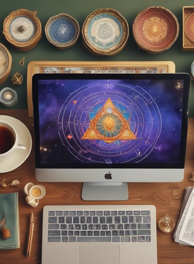 A small astrology book is placed on top of an open journal with celestial and map designs. There is also a small notepad displaying phases of the moon and a larger book with a green and gold ornate cover in the background.