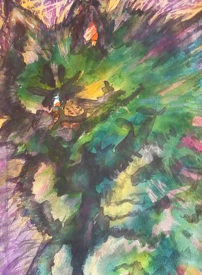 "En el abrazo de un peludo, el descanso florece". Una pintura que transmite consuelo y ternura.