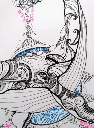 dessin de baleine aux motifs psychédéliques au feutre fin