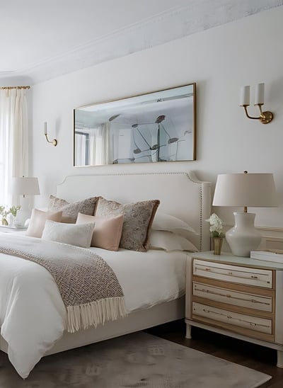 a bedroom with a large bed and a chandelier