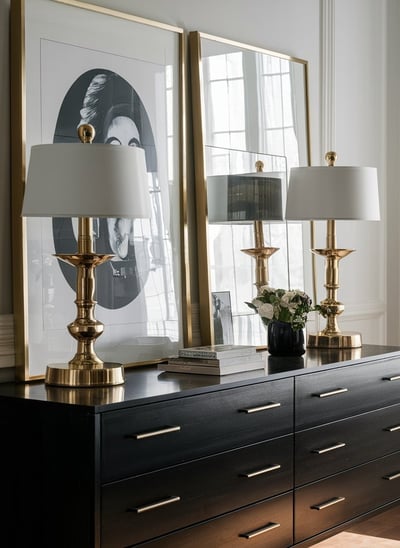 a dresser with a lamp and a lamp