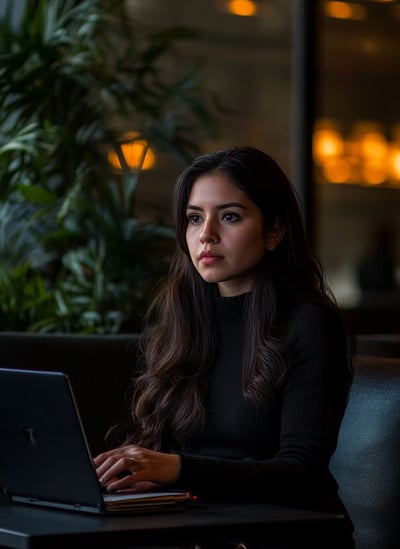 Mujer mexicana joven trabajando en laptop en sala de espera moderna con luz cálida y plantas de fondo