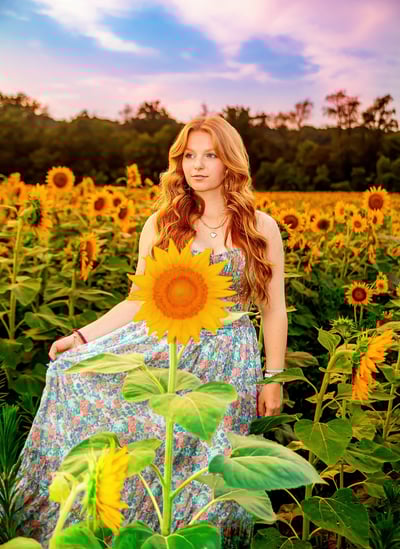 Senior Picture in a sunflower field by a professional senior picture photographer in Lancaster PA
