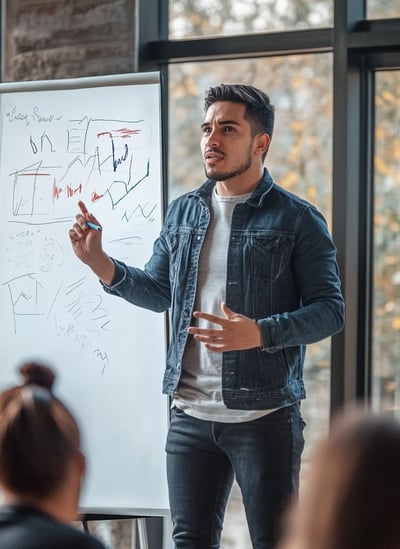 Joven mexicano explicando datos en pizarrón blanco durante presentación en sala de juntas moderna