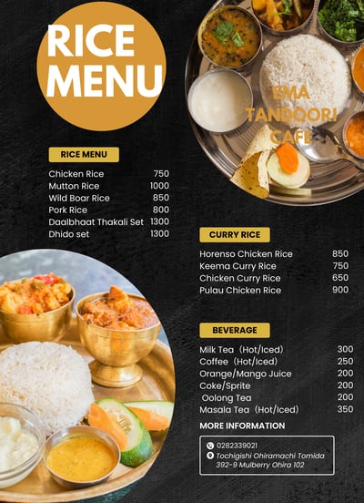 a menu of a restaurant with a menu for rice and rice