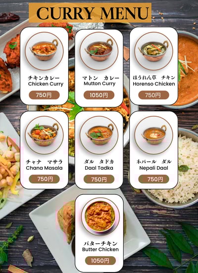 a menu listing on a menu card with a variety of food items