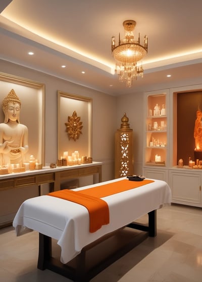 A serene setup featuring a white essential oil diffuser with a warm light at its base, placed on a smooth surface. Beside it is a neatly rolled, soft white towel and a small box labeled 'Relax' containing essential oils. A small potted plant with green leaves adds a touch of nature to the scene.