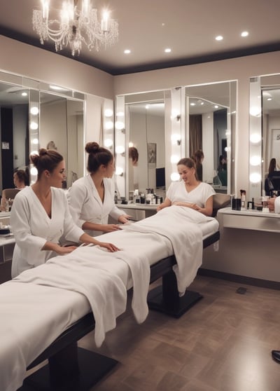 Various wellness and beauty products, including oils in bottles, a bowl of oil, dried flowers, crystals, a smudge stick, and a small dish of cream, are arranged aesthetically on a light surface. The scene is decorated with colorful flowers and herbs.