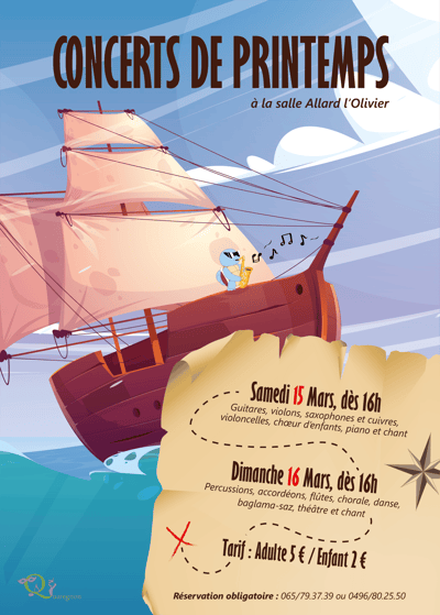 Affiche de concert pour l'académie des arts de Quaregnon, sur le thème "A l'abordage"