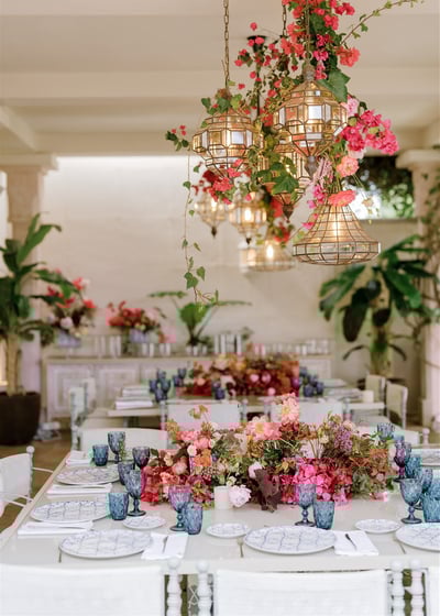 Outdoor dining area at Villa El Rincon in Marbella, with beautiful decorations for a Mediterranean destination wedding.
