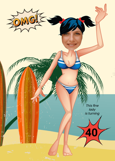 a cartoon girl in a bikinisuit with a surfboard