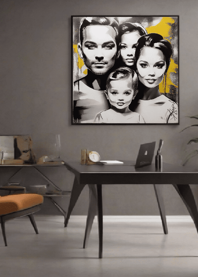 Mãe e filho em uma pintura, adicionando um toque emocional à decoração da sala.