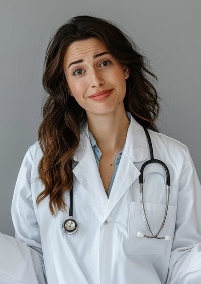 a woman in a lab coat and a stethoscope on her hands
