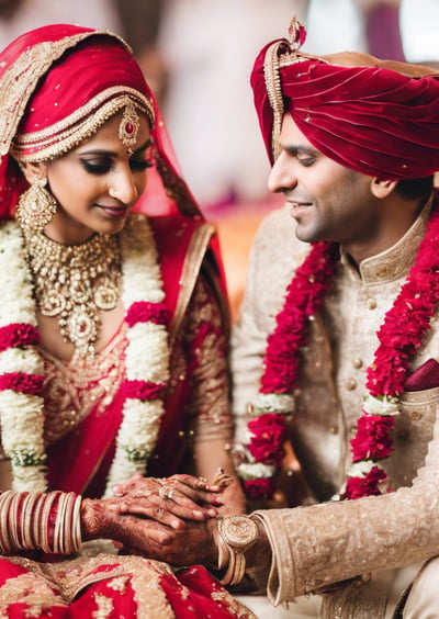 a man and woman in traditional indian wedding attire