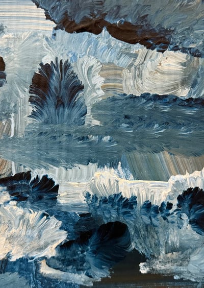 A vibrant abstract artwork featuring a mix of swirling colors and textures. Prominent colors include