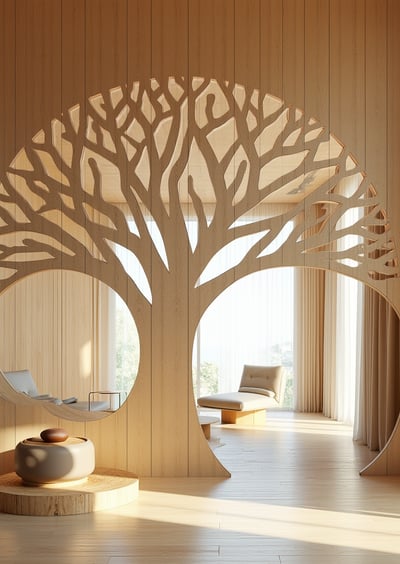 Interior design of a living room with a decorative tree as the centerpiece of the space.