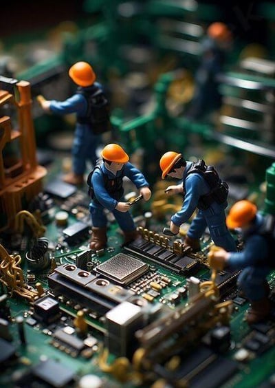 a group of miniature people working on a computer